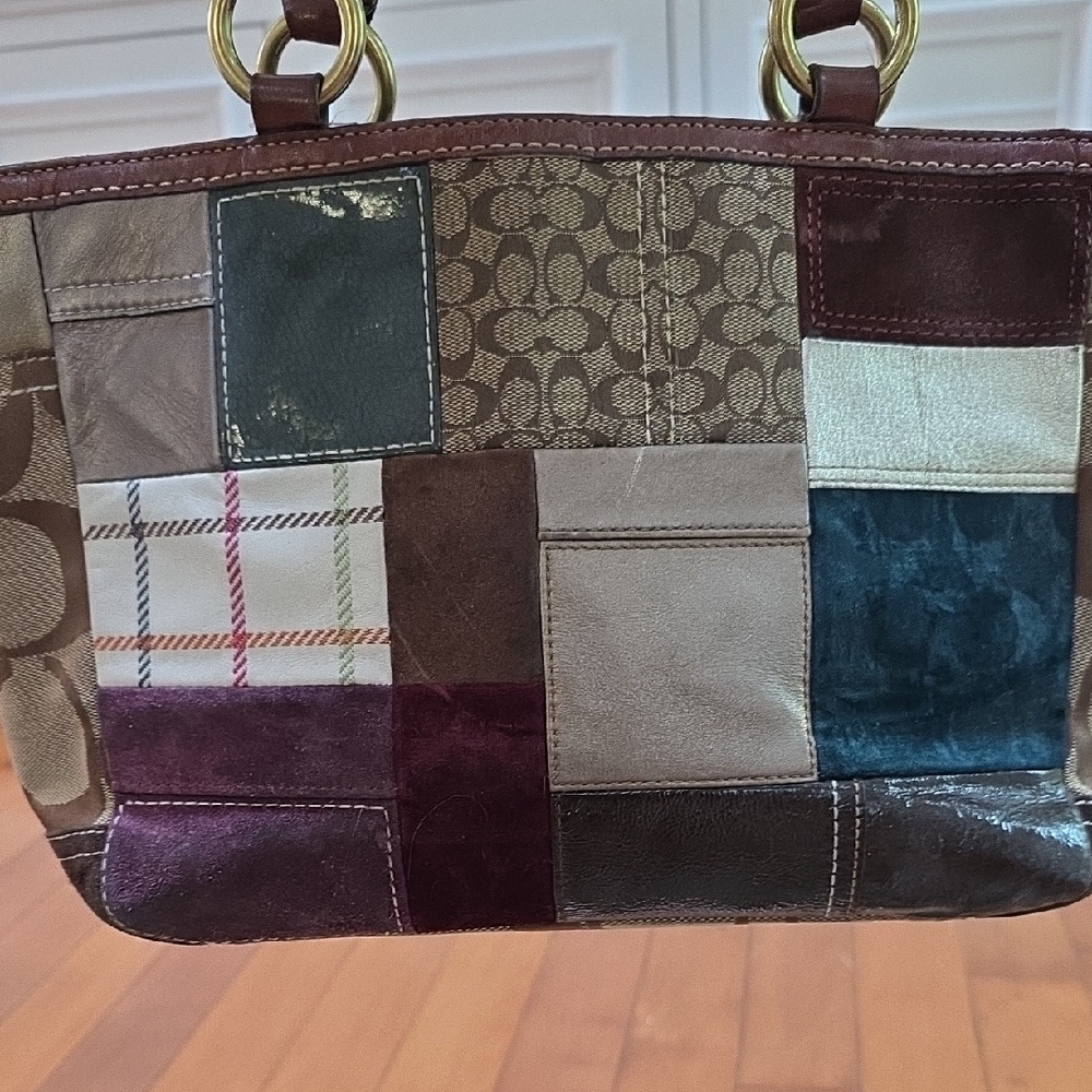 Vintage Coach Patchwork Leather Tote Bag - Brown, Burgundy, Teal Gold - Picture 2 of 7